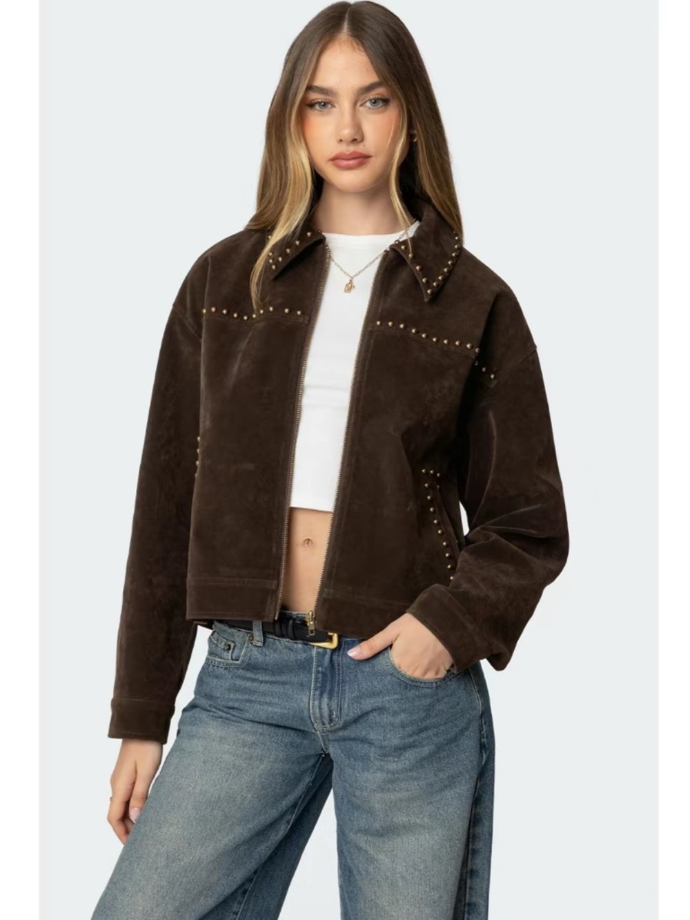 Edikted Dark Brown Studded Suede Zip Jacket